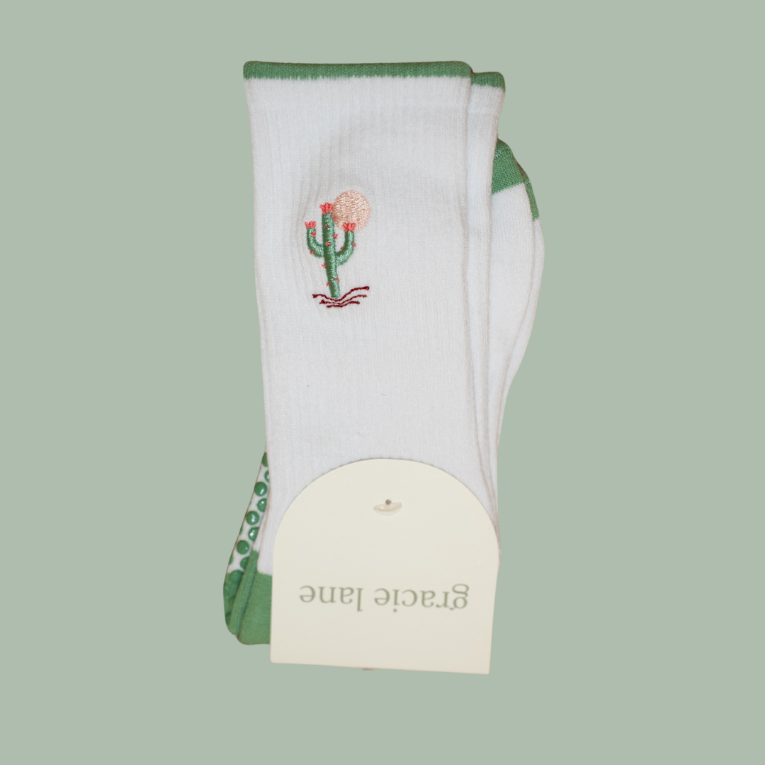 cactus kiss embroidered pilates grip sock