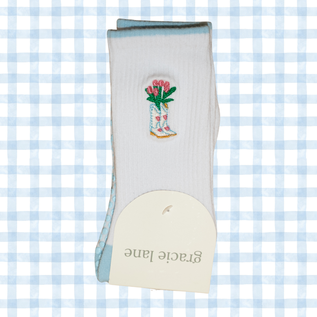 boots in bloom embroidered pilates grip socks