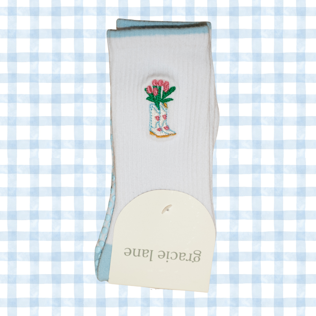 boots in bloom embroidered pilates grip socks