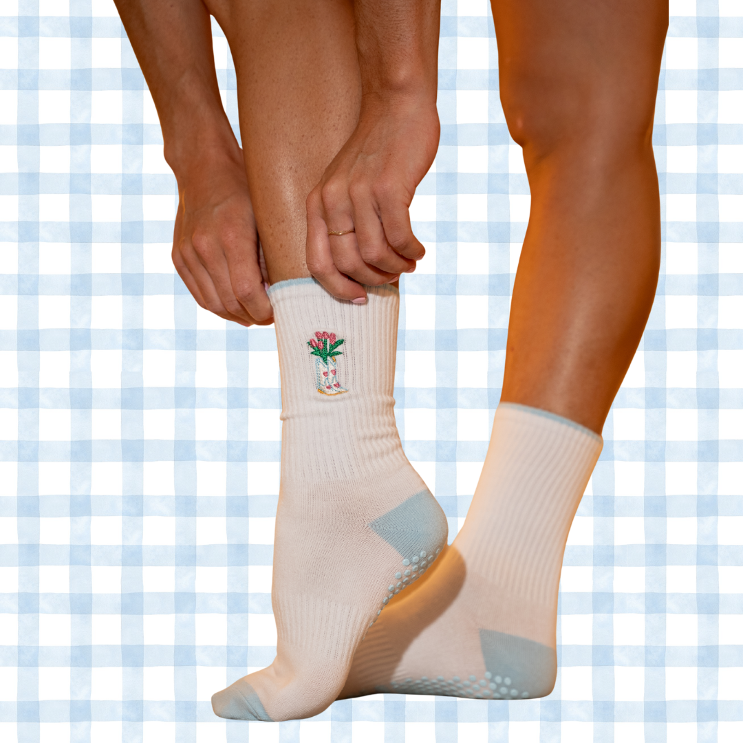 boots in bloom embroidered pilates grip socks