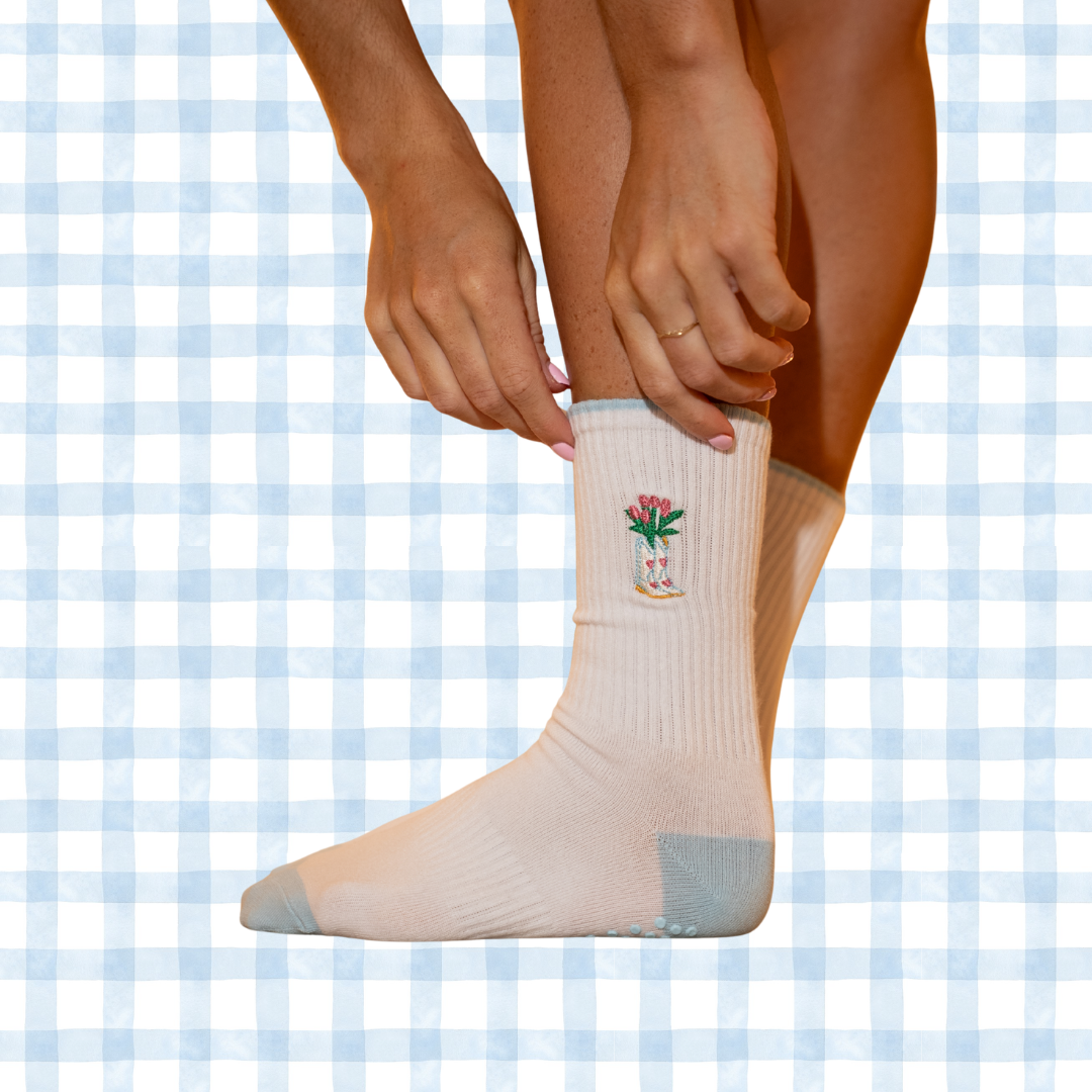 boots in bloom embroidered pilates grip socks