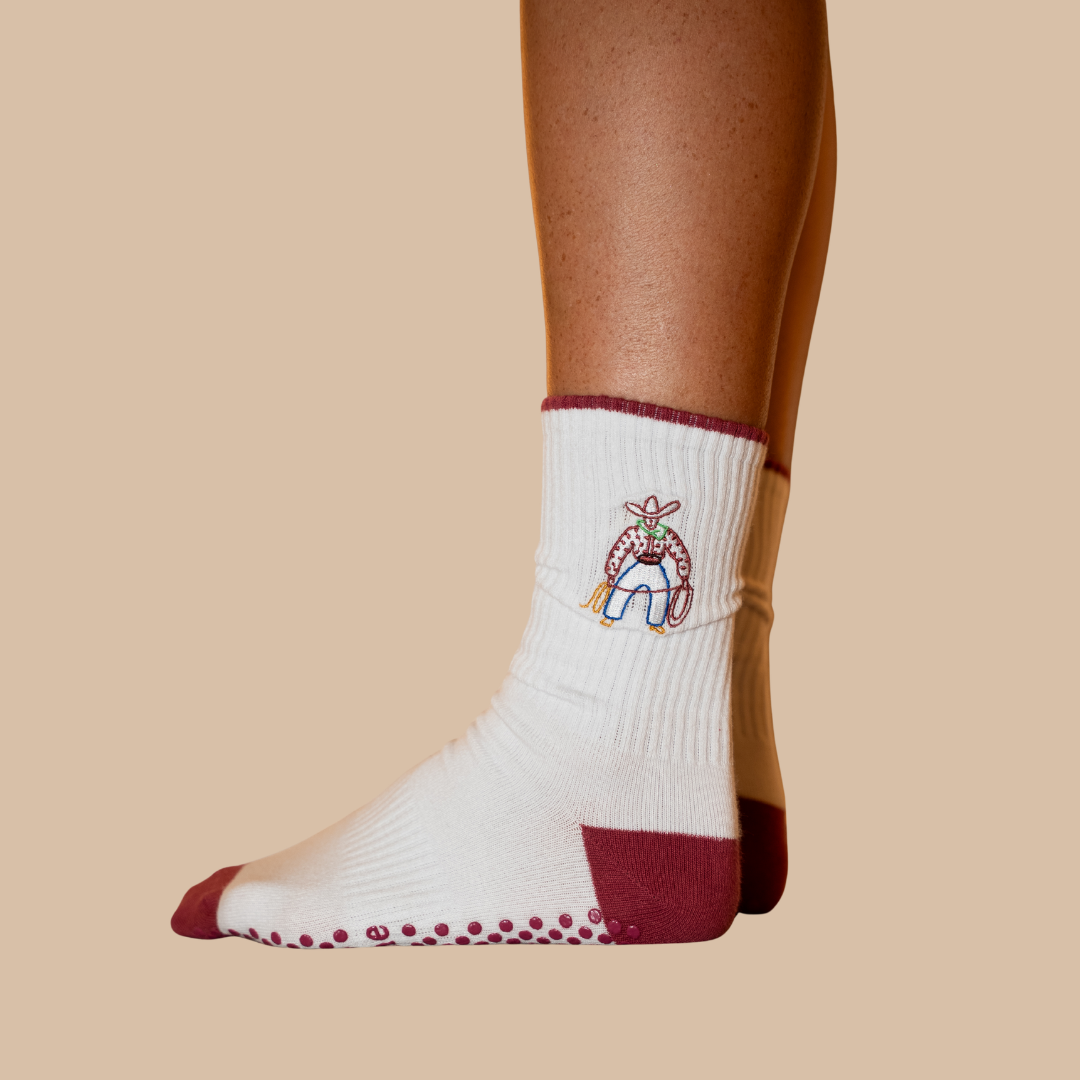 howdy cowboy embroidered pilates grip sock