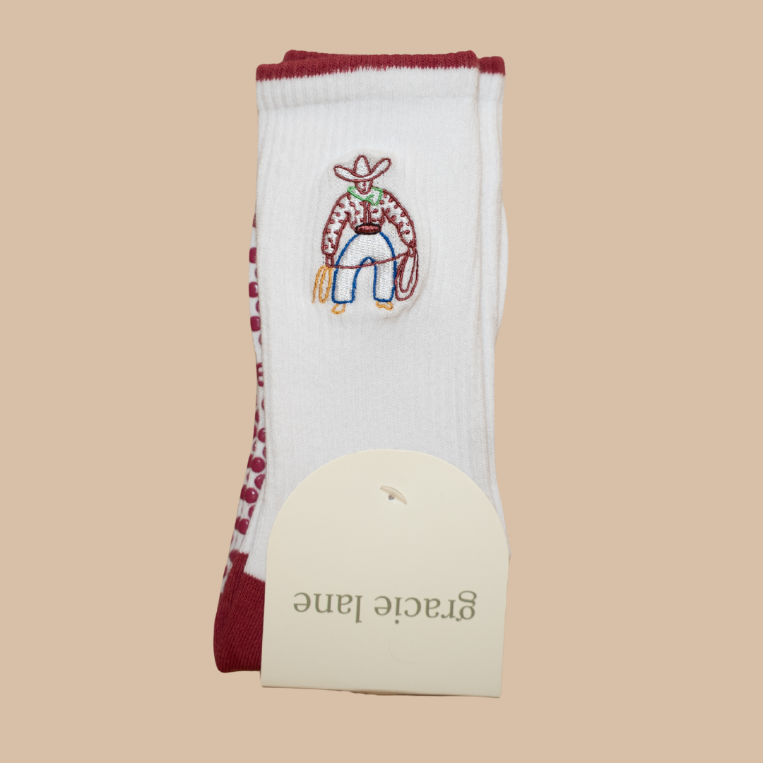 howdy cowboy embroidered pilates grip sock
