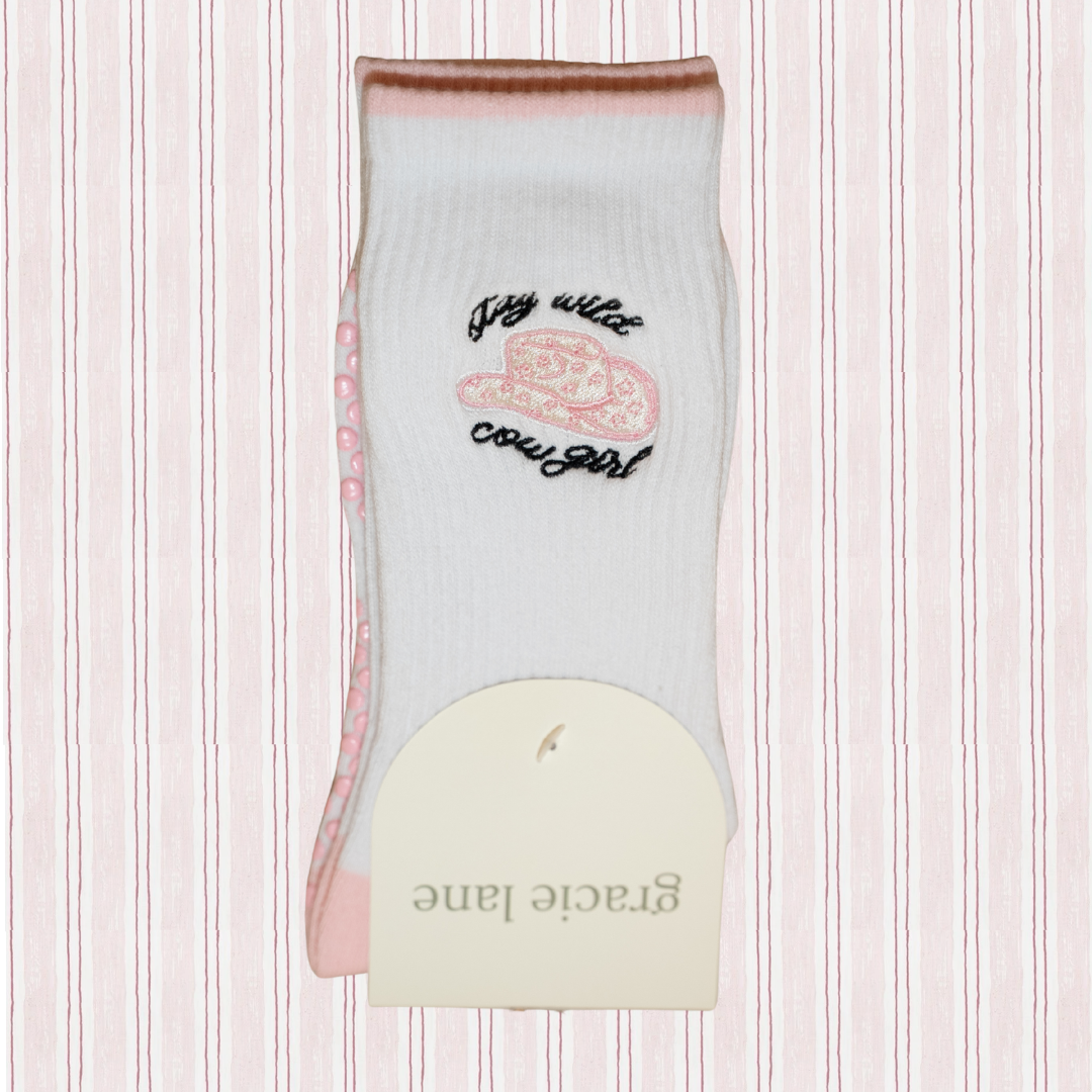 stay wild cowgirl embroidered pilates grip sock