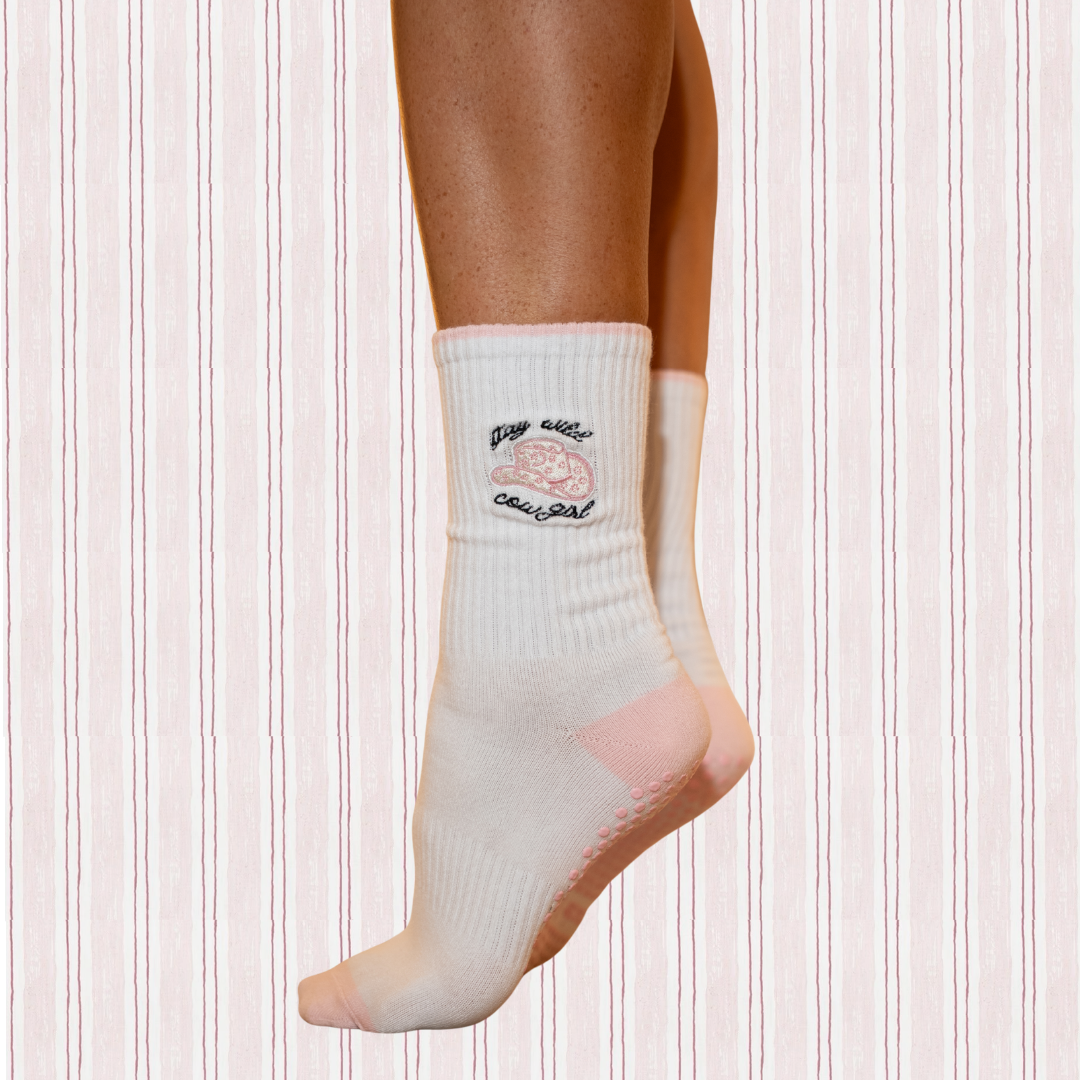 stay wild cowgirl embroidered pilates grip sock