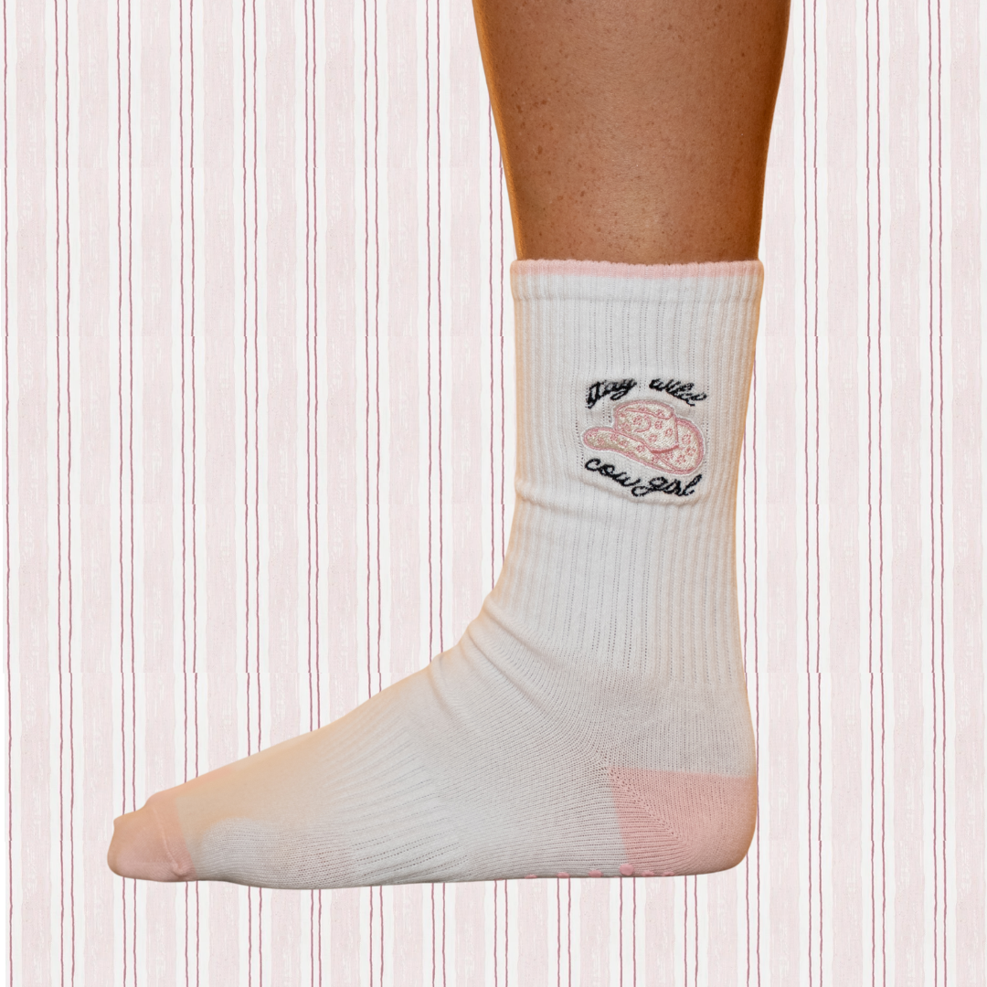 stay wild cowgirl embroidered pilates grip sock